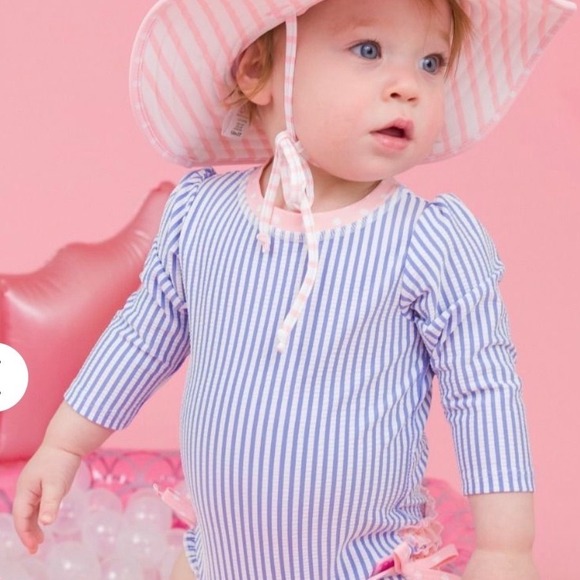 Rufflebutts Other - RuffleButts Seersucker Long Sleeve Rash Guard Swimsuit Blue White 18-24M